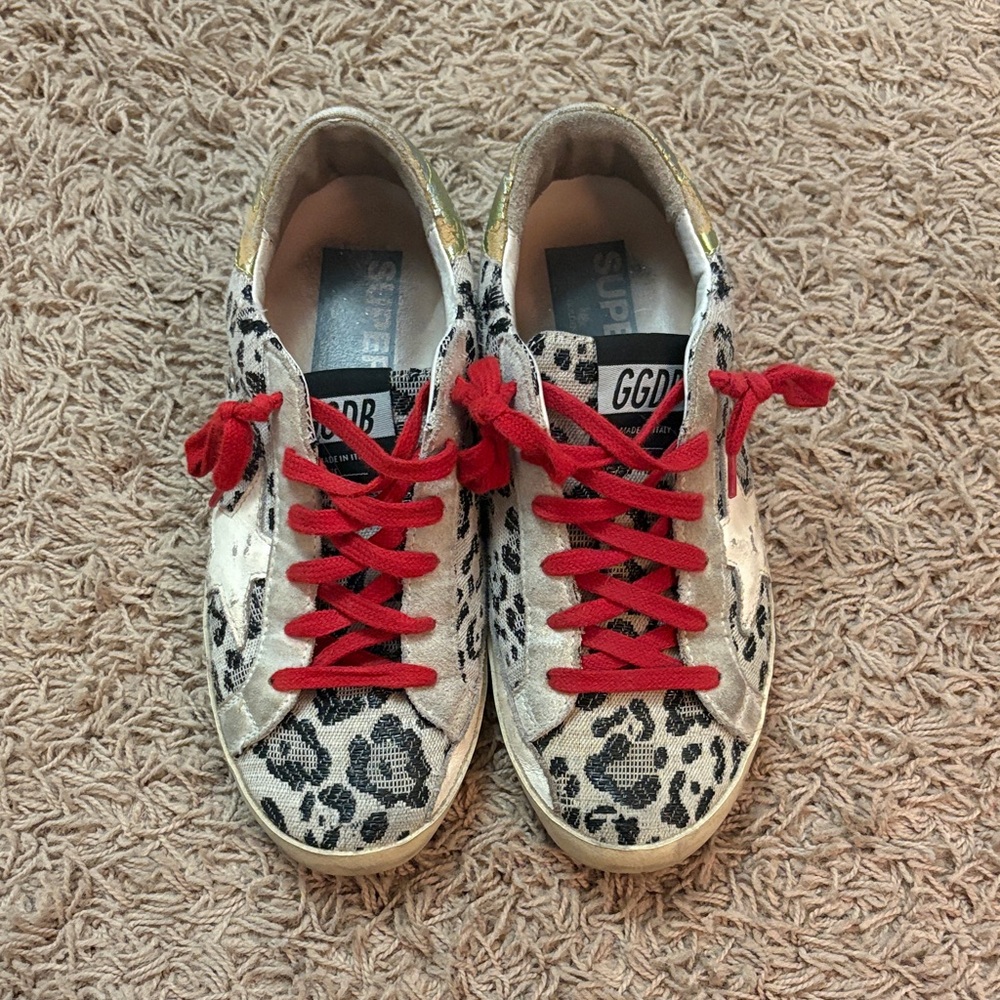 Golden Goose Leopard Print Sneakers with Red Laces
